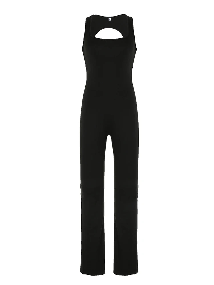 Backless Skinny Black Jumpsuits for Sleeveless Square Collar Rompers Rave Summer Vacation Baddie Outfits