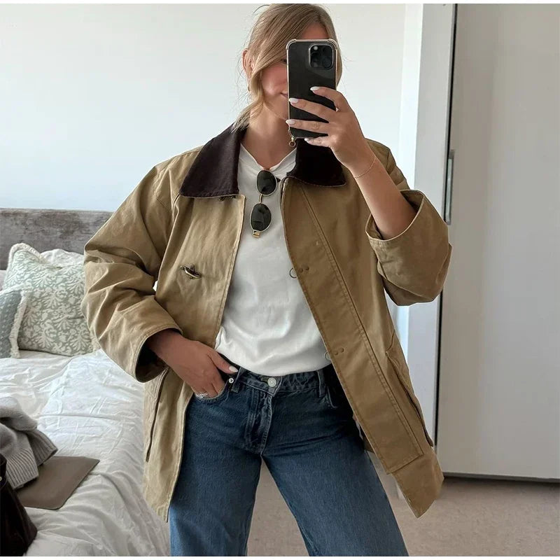 Patchwork Contrast Jacket Single Breasted Lapel Female Jackets Autumn Winter Locomotive Lady Outwear