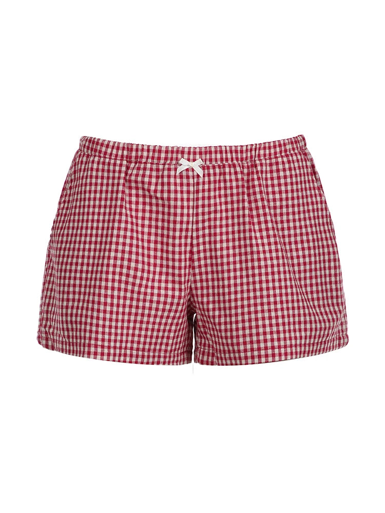 Christmas Preppy Y2k Red Plaid Elastic Waist Shorts Loose Sweet Summer Vacation Outfits