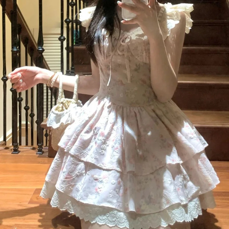 Flying Sleeve Sweet Mini Dresses Square Neck Ruffles Spring Summer Dress Korean Vestidos Mujer