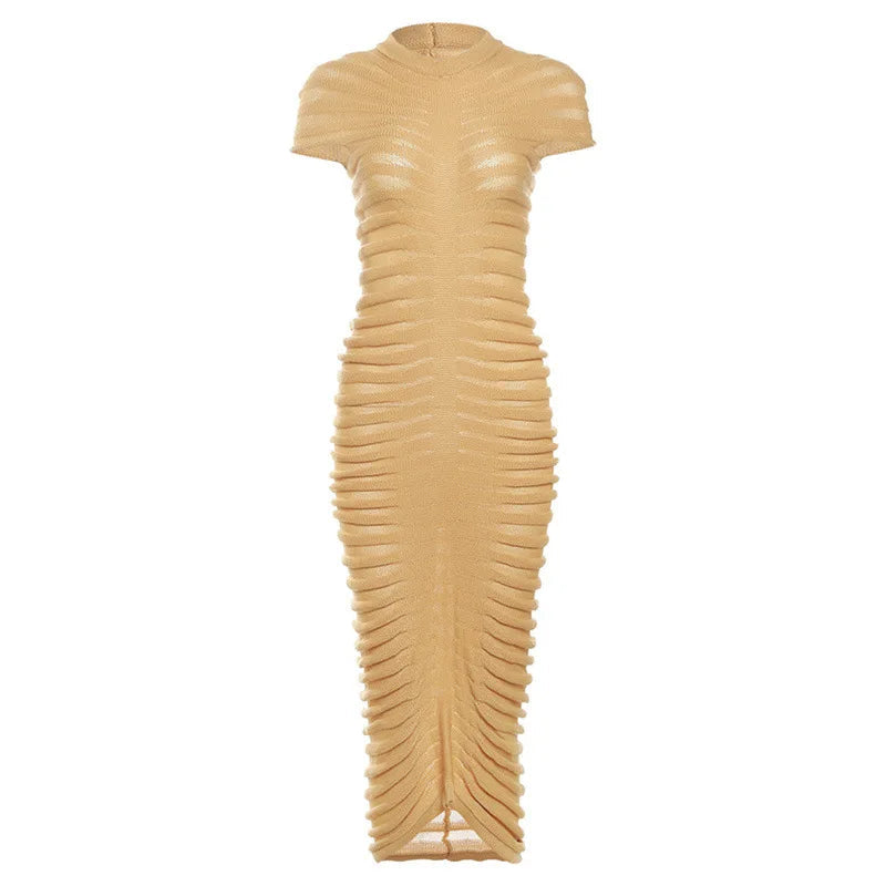 Striped Sleeve Knit Elastic Maxi Dress