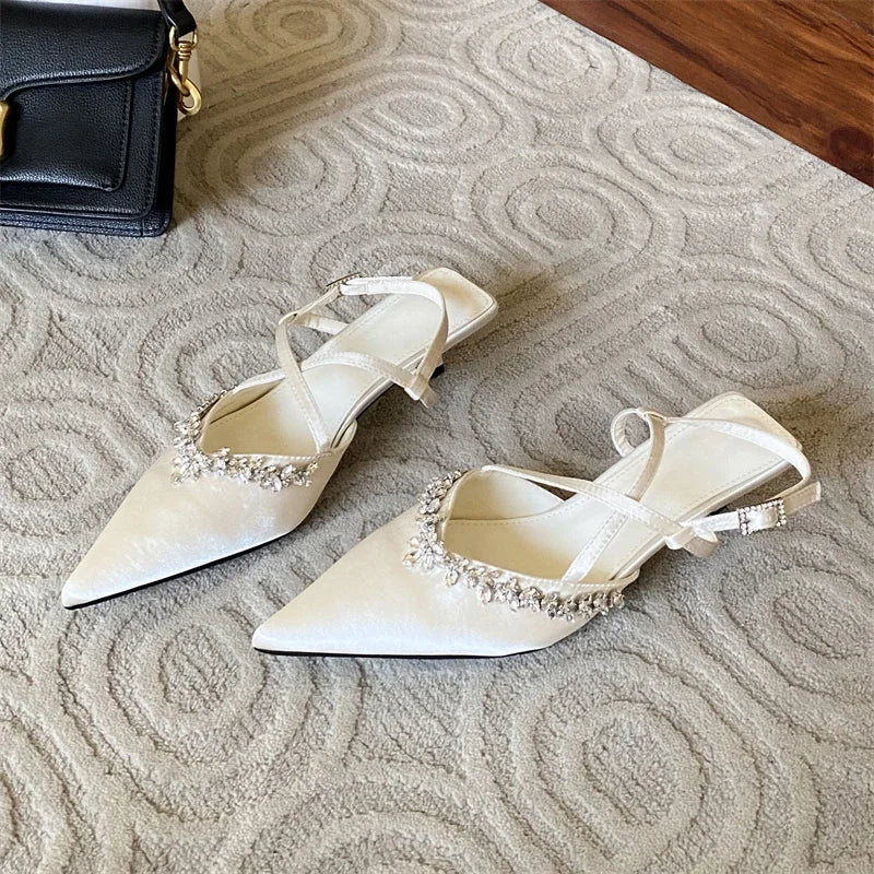 Spring Crystal Pointed Toe Narrow Band Woman Pumps Sandals Thin Low Heels Slingbacks Buckle Strap Female Shoes