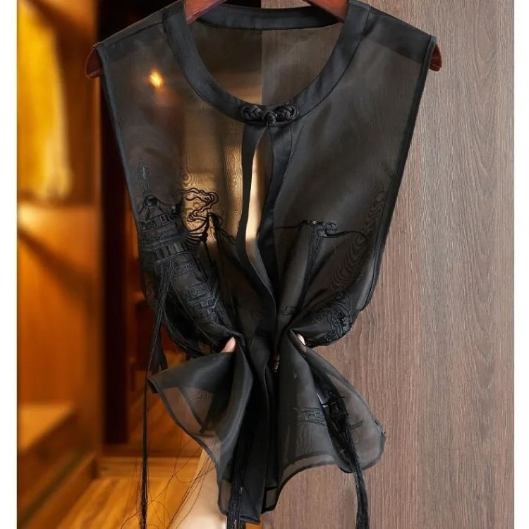 Vests Sheer Chinese Style Black Summer Allmatch Mom Clothing Embroidery Design Outwear Tassel Sleeveless