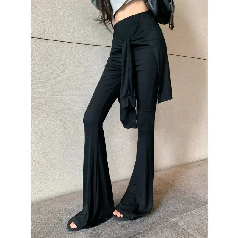 Autumn New Skew Collar Strapless Long Sleeve Tshirt + Pleated Laceup Slim Wide Leg Pants Twopiece Suit