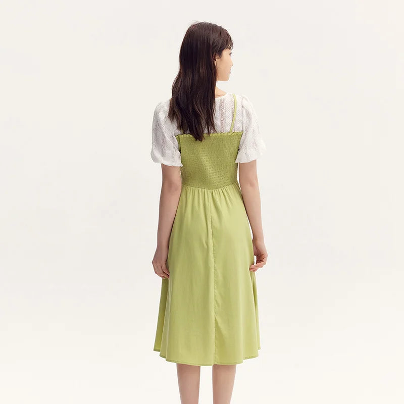 Dress Bubble Sleeves Lace Patchwork Faux Two-piece Slim Fit Summer New Fresh Style Round Neck Mid-length Skirt