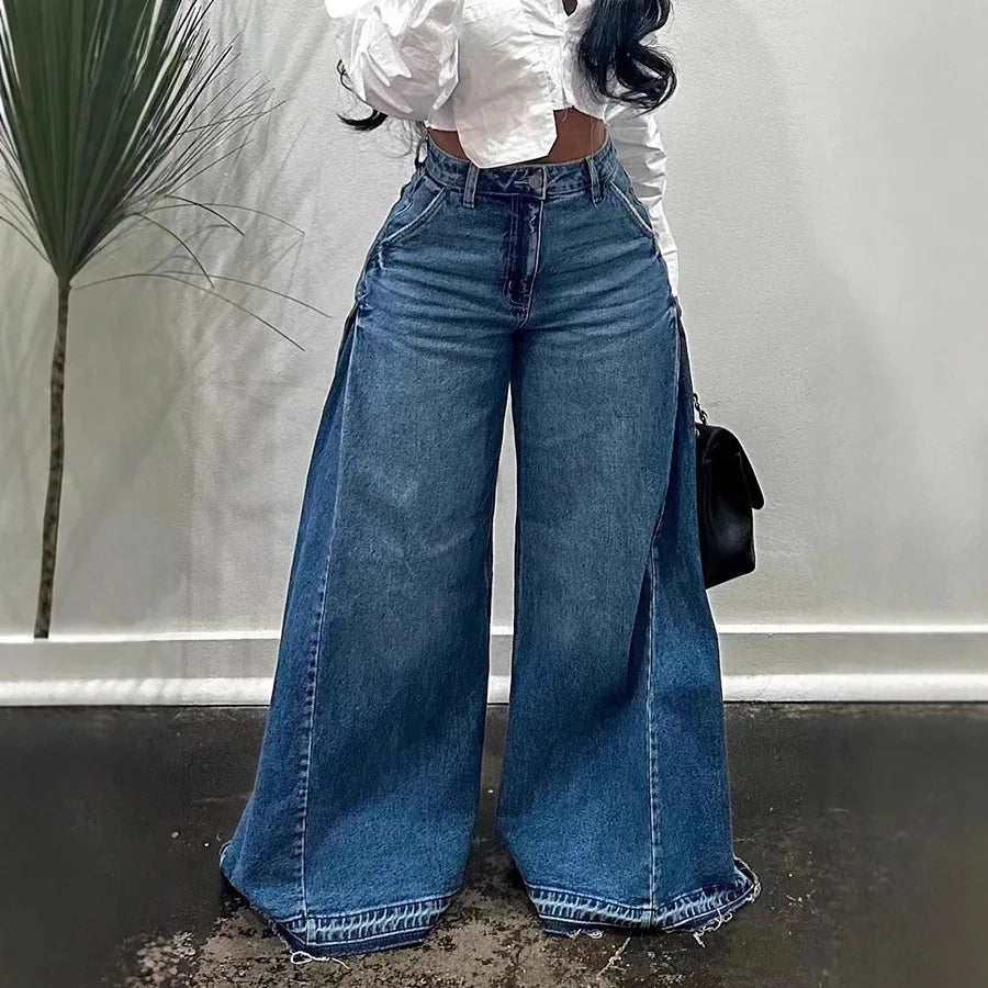 Blue Washed Flared Jeans Harajuku Y2k Oversized Wide Leg Spliced Tassel Denim Pants Baggy American Retro Trousers