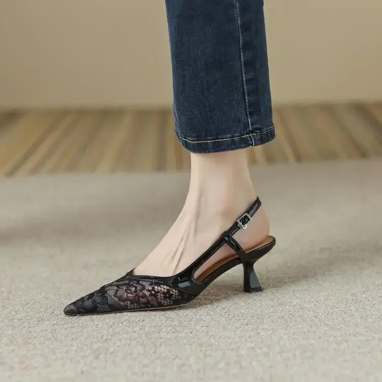 Lace Pointed Stiletto Summer New Back Empty Shoes Low Heel Pumps