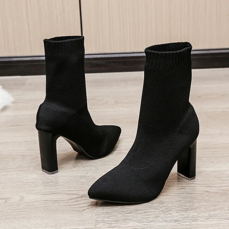 Pointed Toe Knitted Stretch Fabric Black Modern Ankle Boot