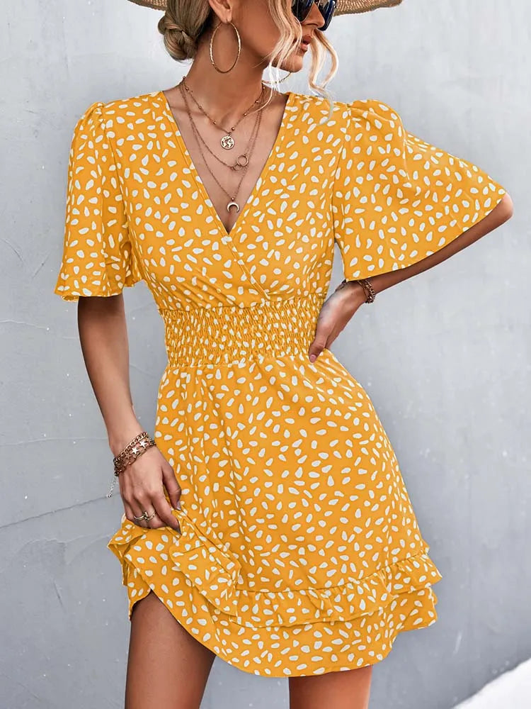 V Neck Mini Short Lotus Leaf Midi Dresses