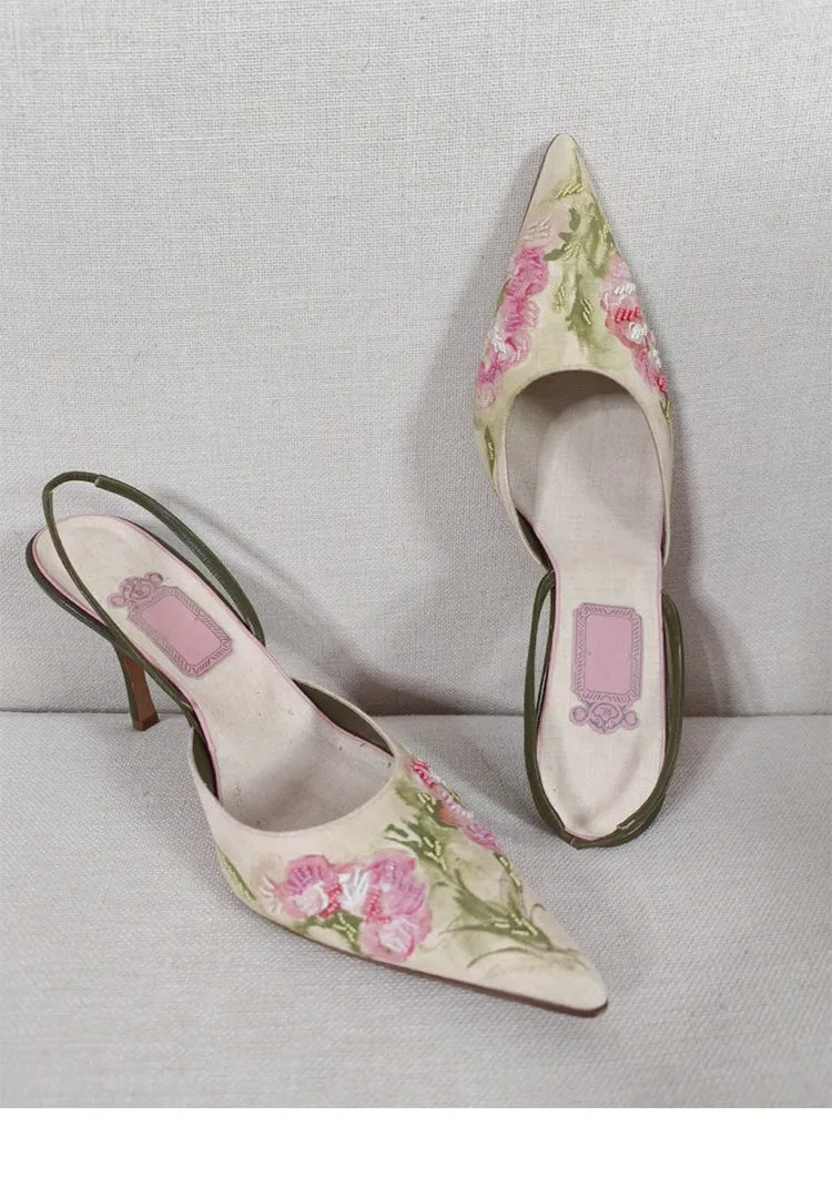 Pointed Embroidered Shoes Spring New Retro High Heels Design Pumps