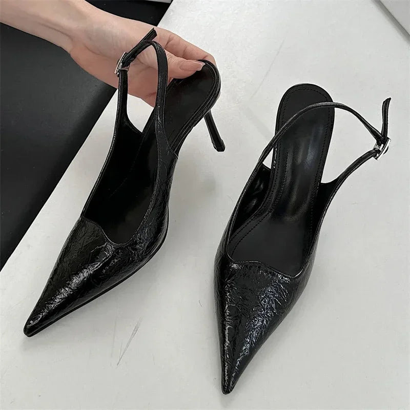 Slingbacks Thin High Heels Pointed Toe Buckle Strap Pumps Blue Party Dress Shoes Heeled Sandals