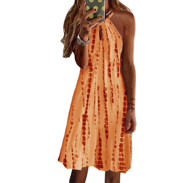 Simple Print Halter Neck Mini Dresses Hollow Out Backless Sleeveless Dress Lady Commuting Short Vestidos