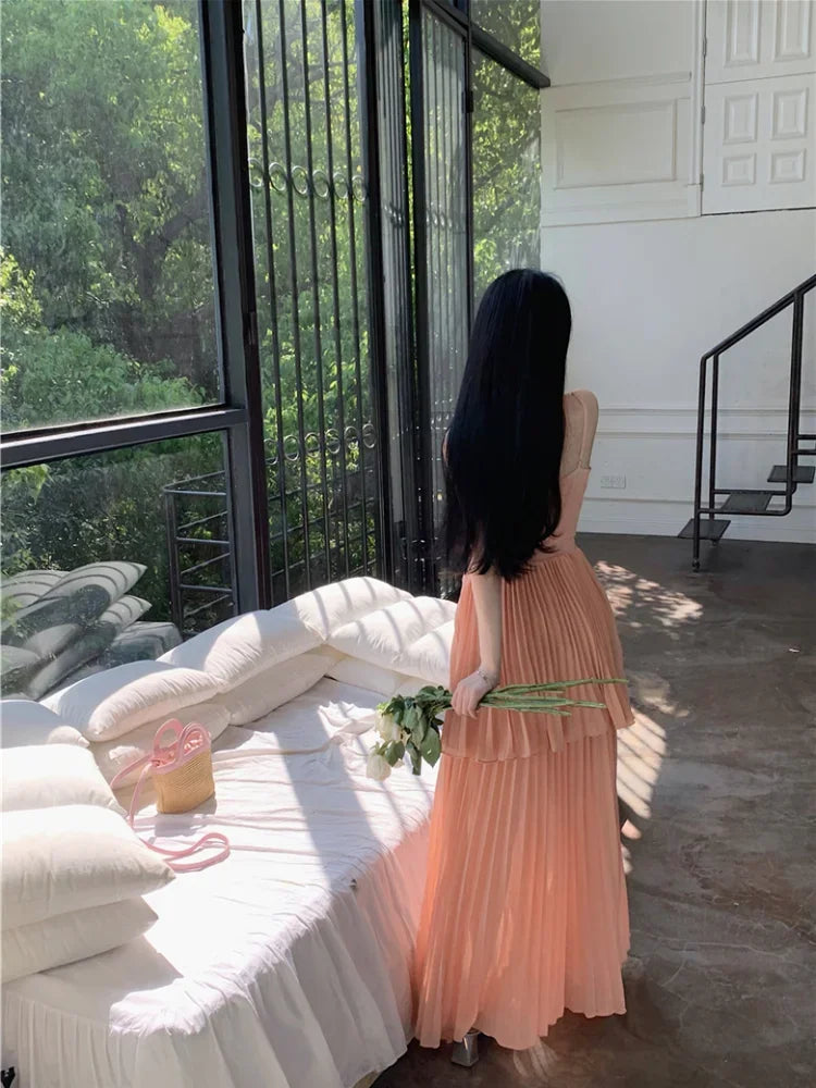 Pleated Maxi Dress for Spaghetti Strap Halter Vacation Robe Style Summer Birthday Dresses Clothes
