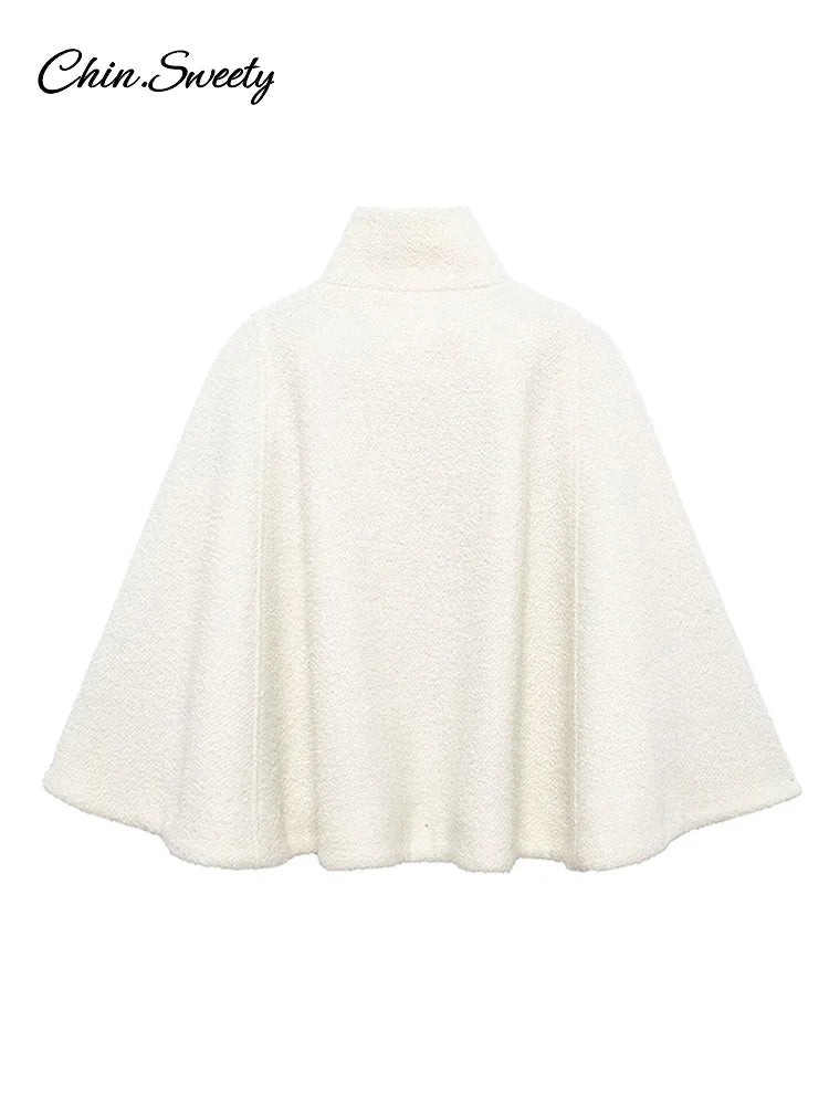 White Loose Short Cape Coat Autumn Winter Thick Single Buckle Batwing Sleeve Cloaks Jacket Lady Warm Outwear New