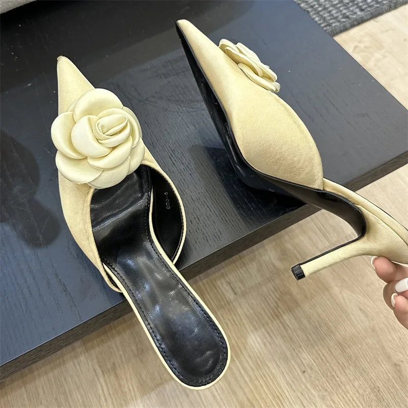 Designer Flower Pointed Toe Pumps Shallow Thin High Heels Shoes Slide Mule Slippers