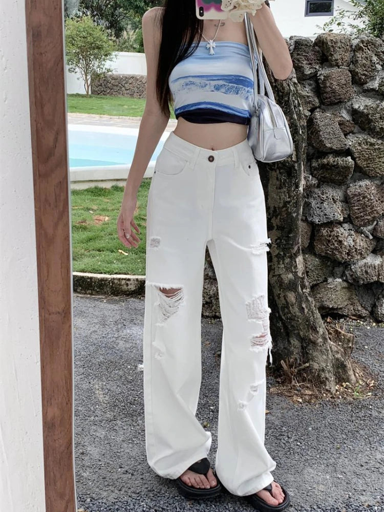 Basic White Ripped Jeans Jeans High Waisted Cowboy Pants Oversized Denim Trousers Y2k Hip Hop Clothes