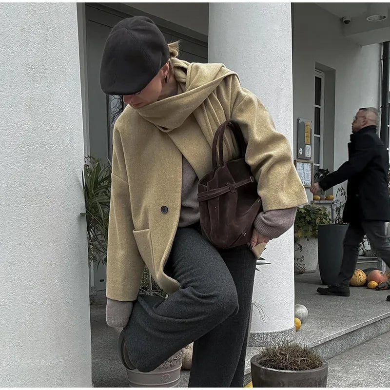 Woolen Scarf Collar Coat Single Breasted Thicken Warm Pocket Loose Jacket Winter Long Sleeve Outwear