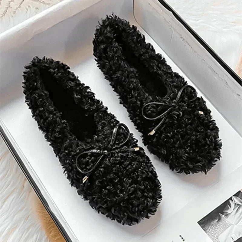 Plush Warm Flat Shoes for Winter Bow Design Nonslip Soft Bottom Ballet Shoes Low Heel Padded Mules