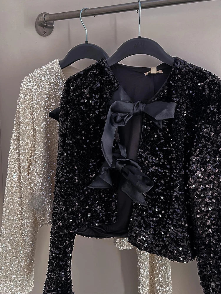 Sparking Bow Sequins Jacket Long Sleeve Shiny Coat Female Short Evening Party Christmas Outerwear
