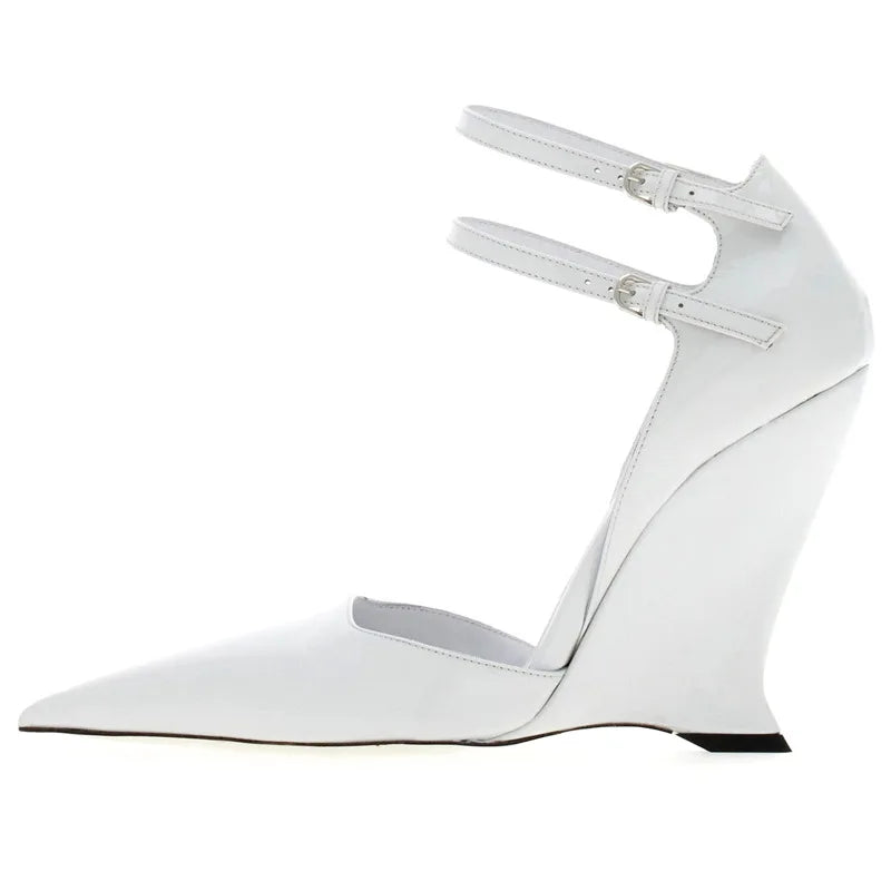 New Buckle Strap Patent Leather Wedges Sandals Pointed Toe High Heels Woman Dress Shoes Sandalias De Las Mujeres