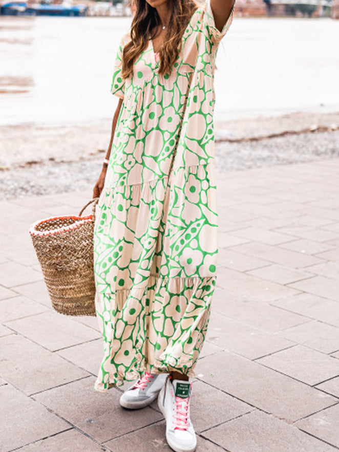 Short Sleeves V Neck Printed Maxi Dress