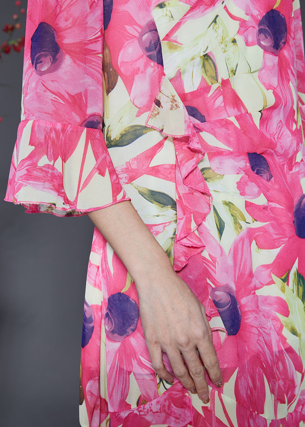 Silm Fit Pink V Neck Print Chiffon Long Dress Flare Sleeve Sd1057