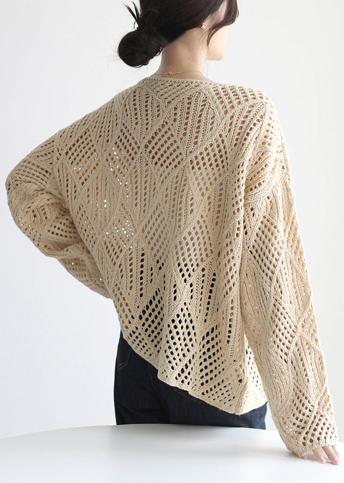 Simple Apricot O Neck Hollow Out Knit Sweater Spring Tf019