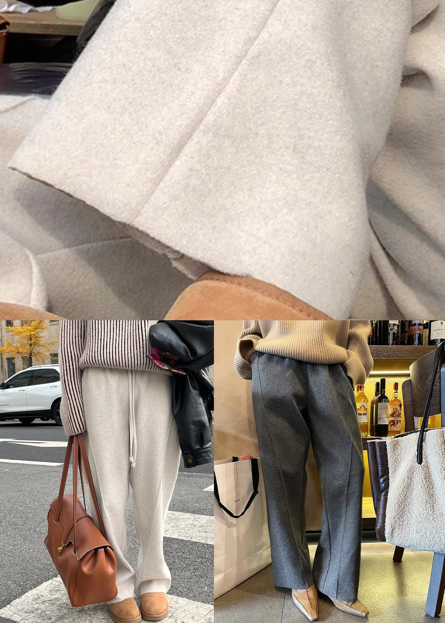 Grey Pockets Woolen Pants Elastic Waist Winter Rf019