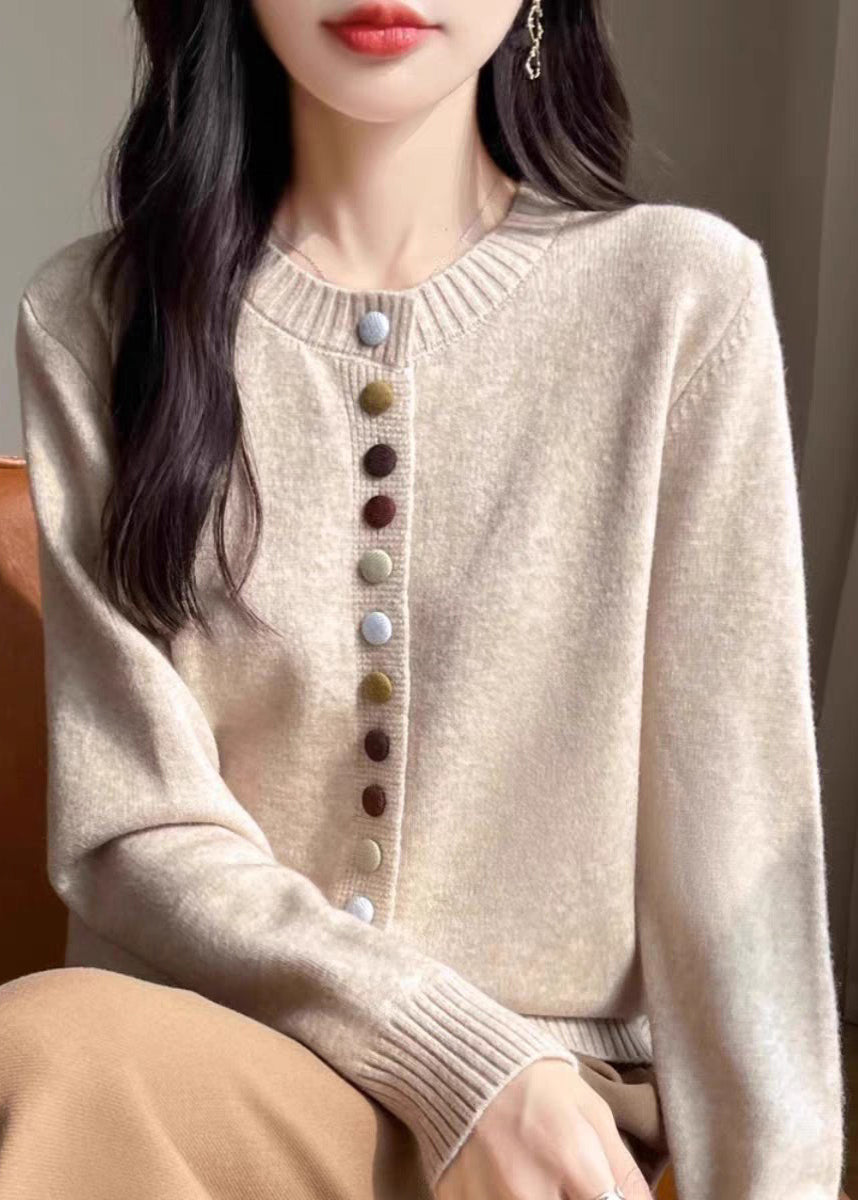 Simple Beige O Neck Button Woolen Coats Spring Tf029