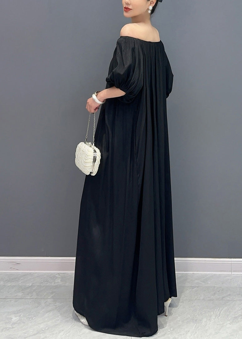 Simple Black Cold Shoulder Slash Neck Cotton Long Dress Summer Ao1015