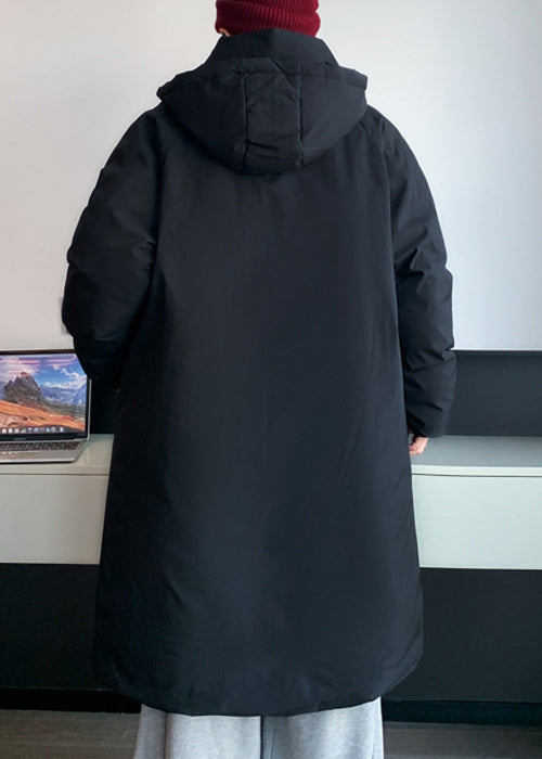 Simple Black Hooded Pockets Coats Parkas Winterrm018