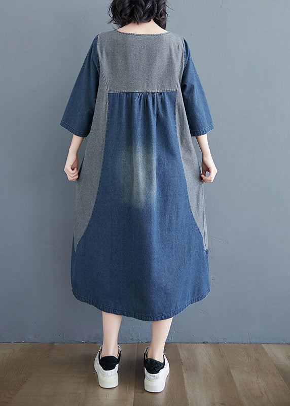 Simple Blue O-neck Patchwork Wrinkled Denim Long Dress Spring Ac2084