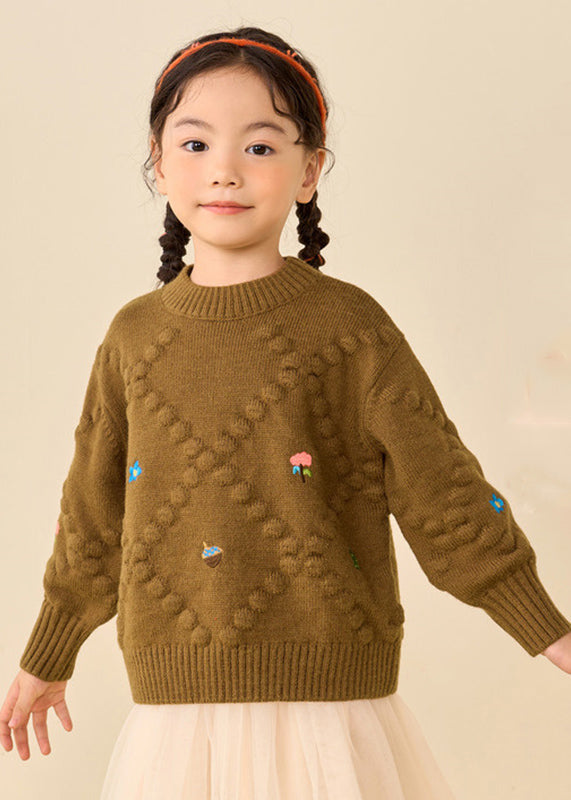 Simple Brown Print Thick Cotton Knit Sweater Puff Sleeve Wl041