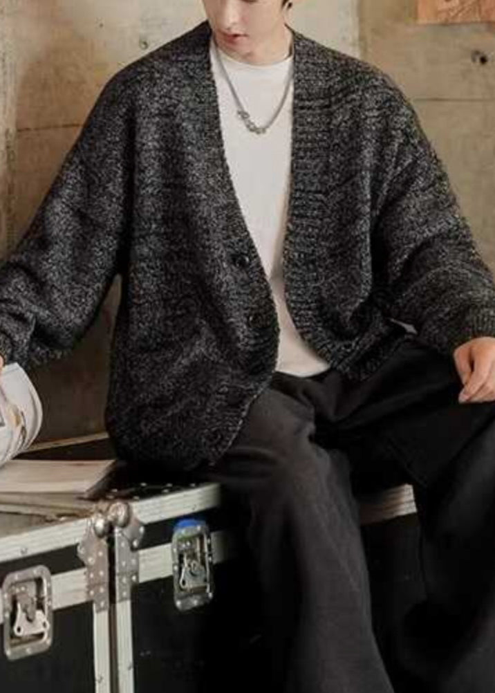 Spring Cardigans Simple Pockets Neck V Gray Knit Dark