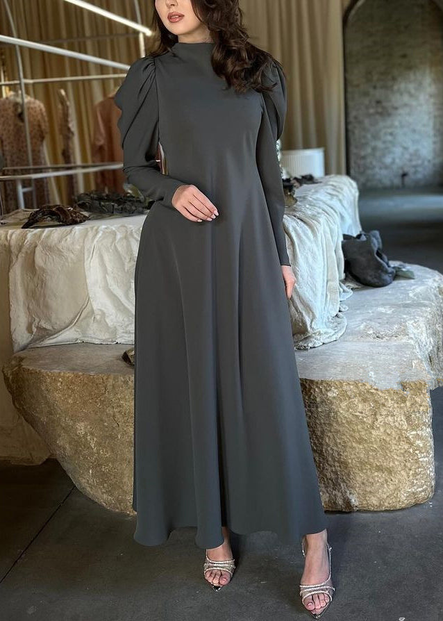 Simple Grey High Waist Cotton Long Dresses Fall Ql013
