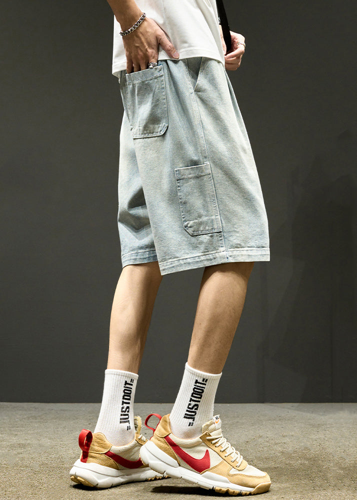 Simple Light Blue Lace Up Elastic Waist Denim Shorts Summer Yl025
