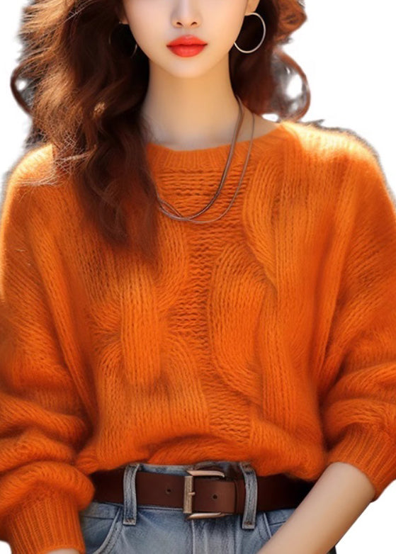 Simple Orange O Neck Cozy Knit Sweaters Winter Wx010