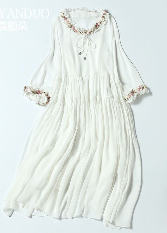 Simple White Ruffled Exra Large Hem Silk Long Dress Ac3045