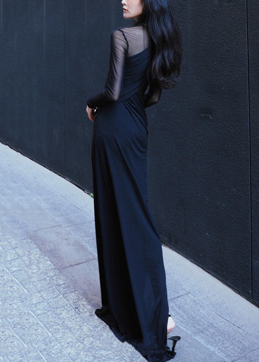 Slim Fit Black Asymmetrical Side Open Long Dresses Fall Al1030
