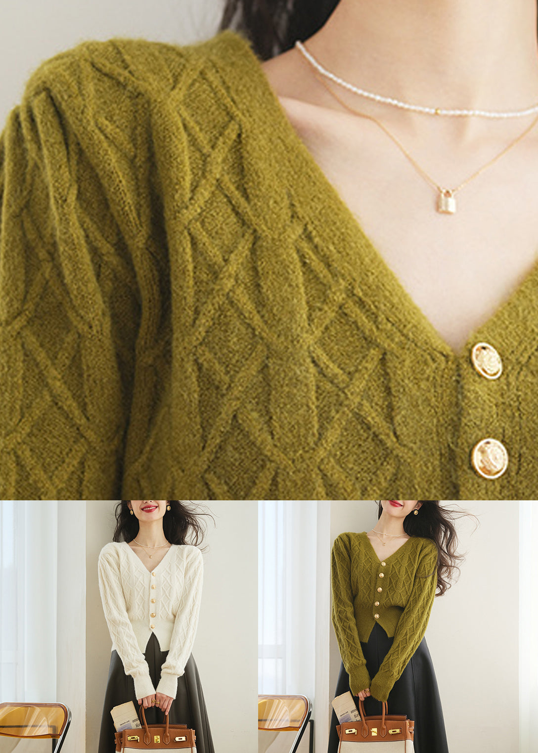 White Button Plaid Knit Sweater V Neck Spring Tf010
