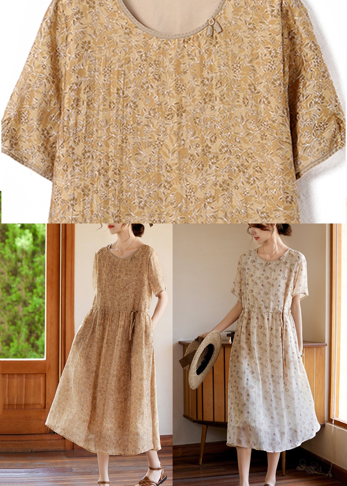 Slim Fit Khaki O-neck Print Silk Long Dresses Summer Ww052