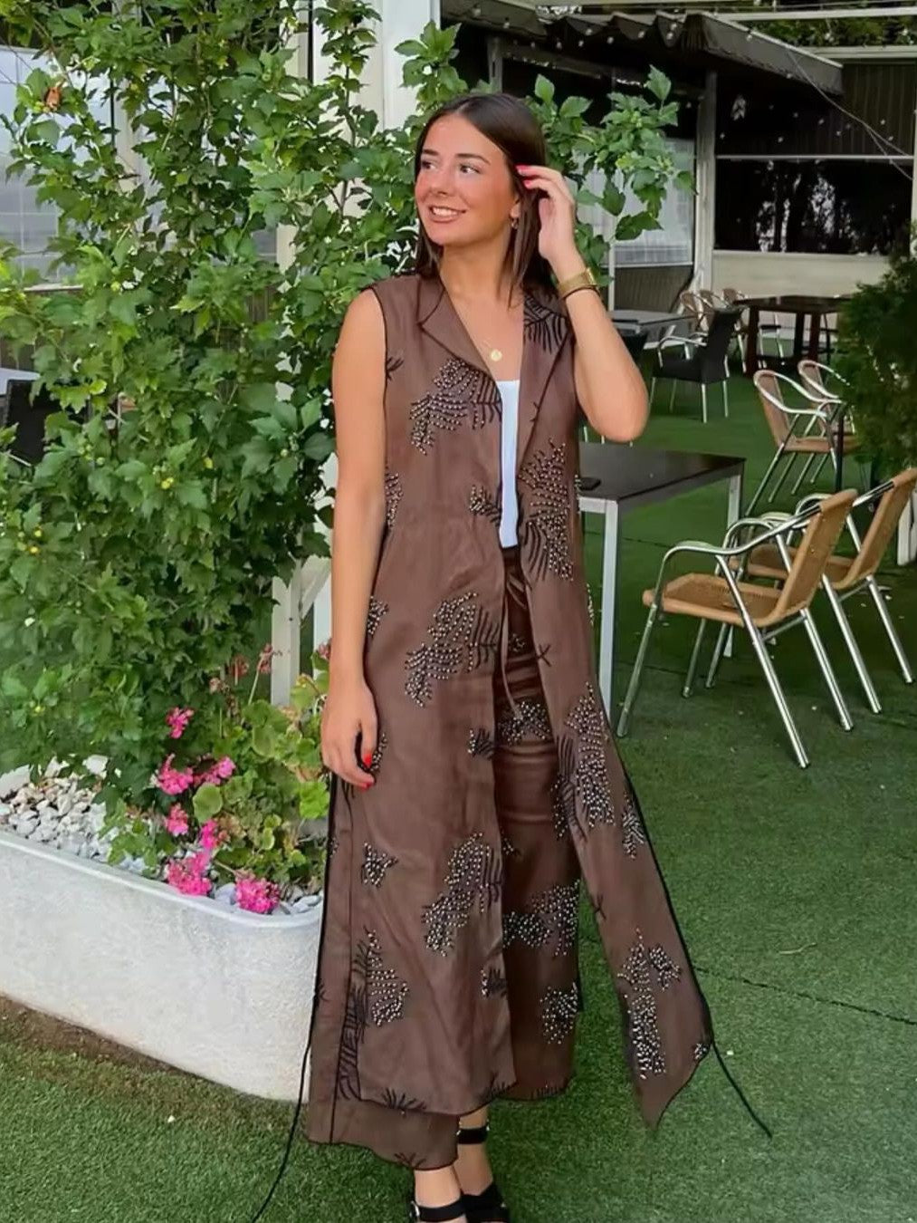 Embroidered Vest & High Waist Wide Leg Pant Coord Set