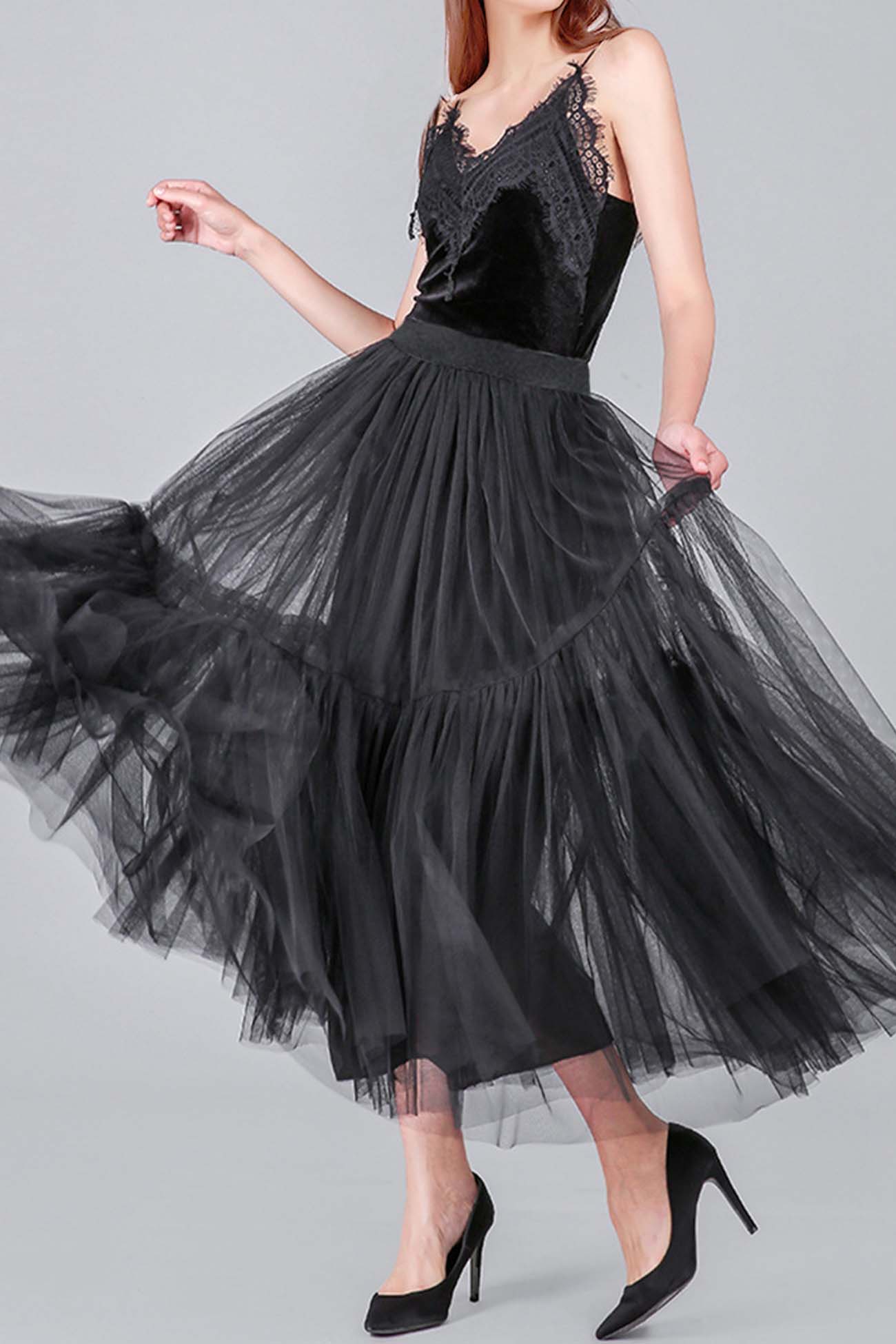 Color Mesh Patchwork Skirt