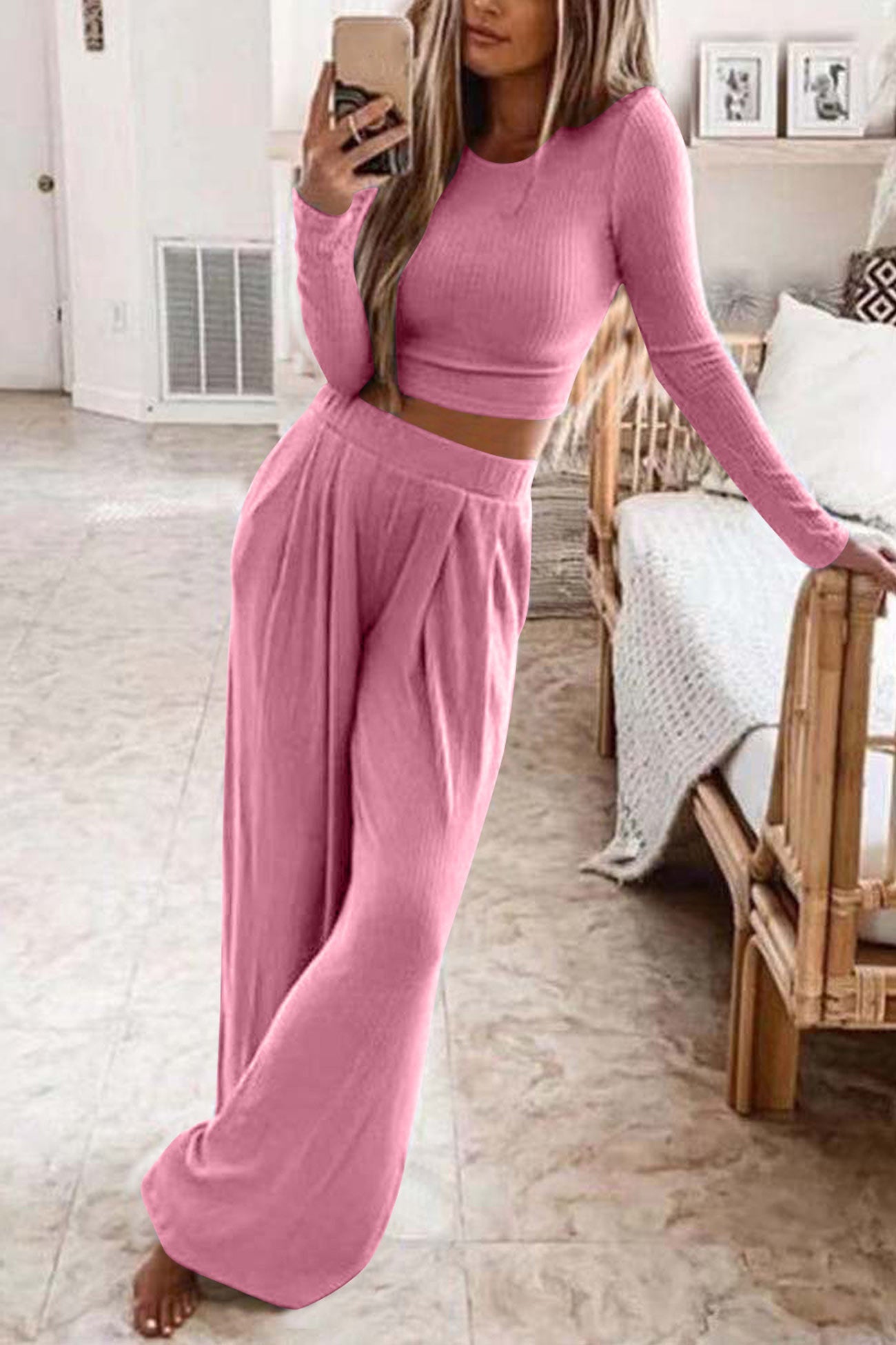 Color Ribbed Crop Top Long Pants Set