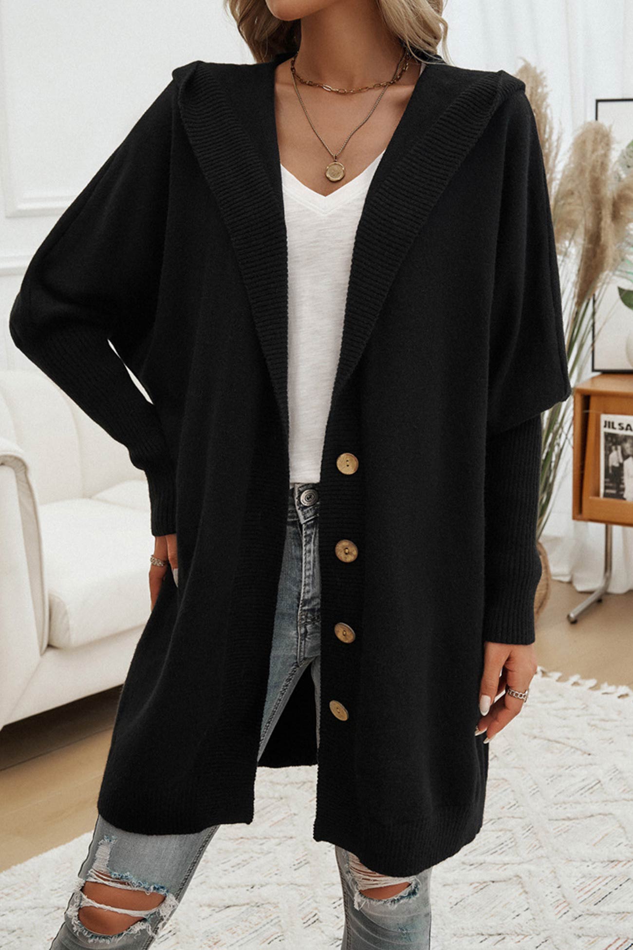 Color Single-breasted Hooded Cardigan