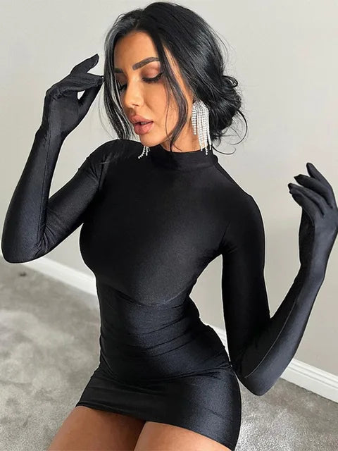 Long Sleeve With Gloves Mini Dress Bodycon Party Half Turtleneck Outfits Y2k Clothes