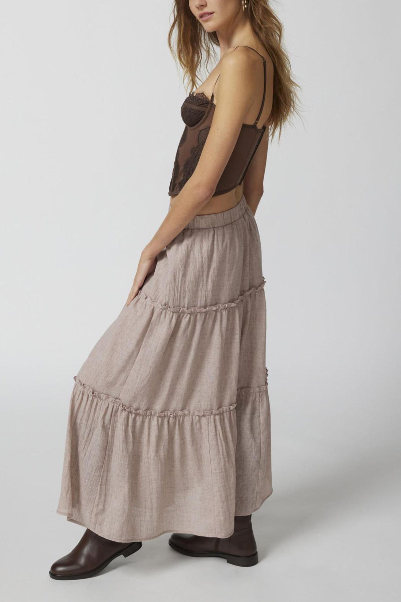 Ruched Tiered Midi Skirt