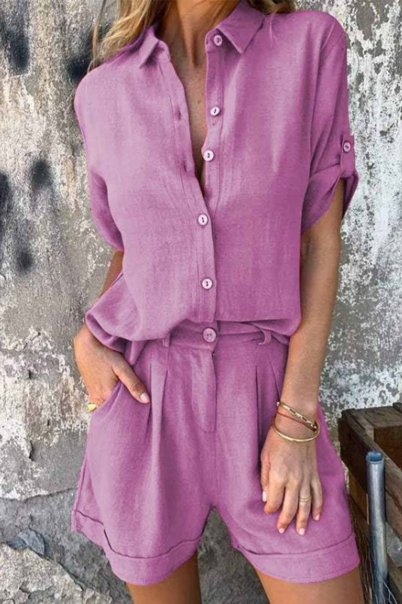 Color Button Down Half Sleeve Shorts Set