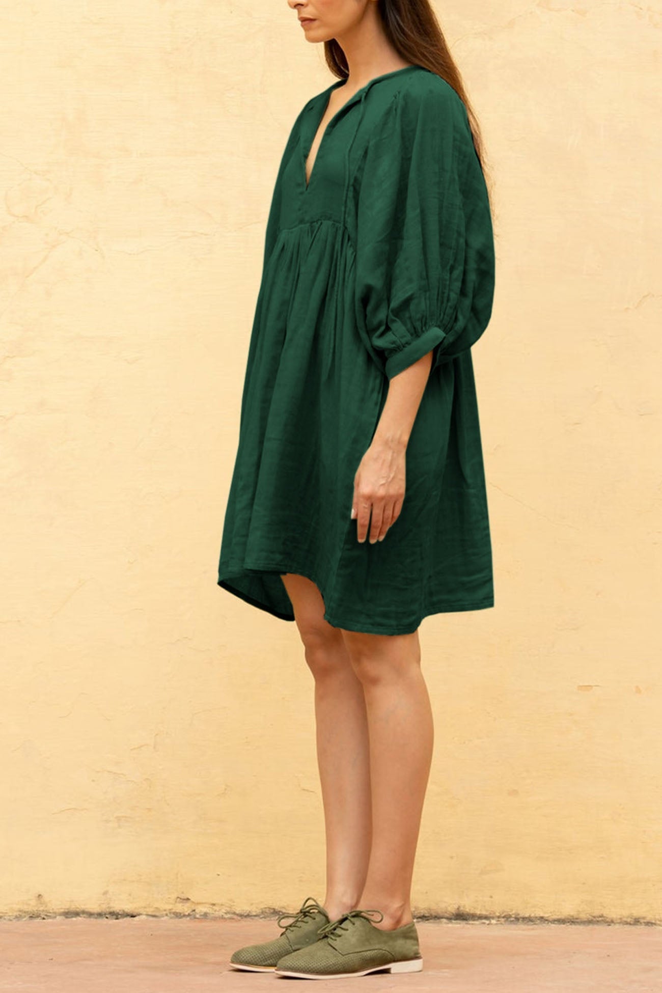 Color Lantern Sleeve V Neck Mini Dress