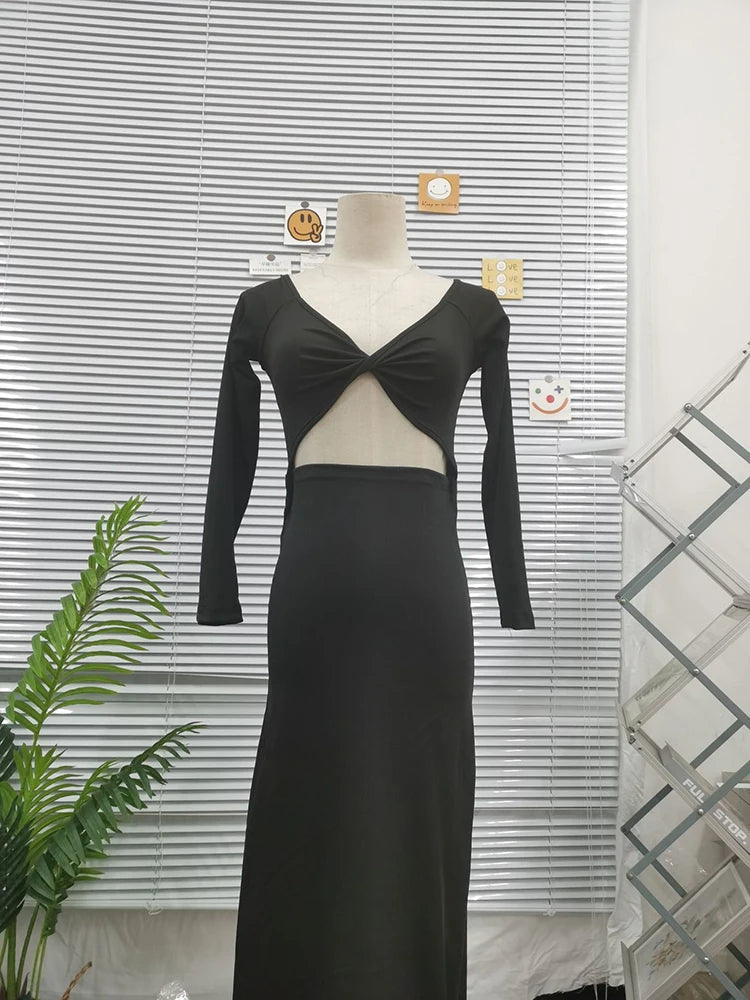 Spring Autumn Color Long Sleeved Temperament Slim Hollow Open Midi Dresses